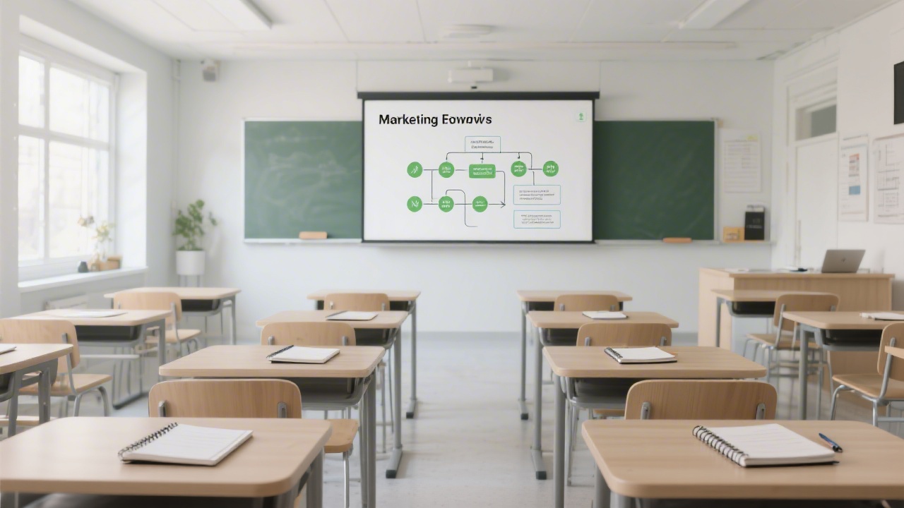 Modern classroom setup with rows of desks, notebooks, and a presentation screen showing a marketing workflow diagram in a bright, calm learning space.