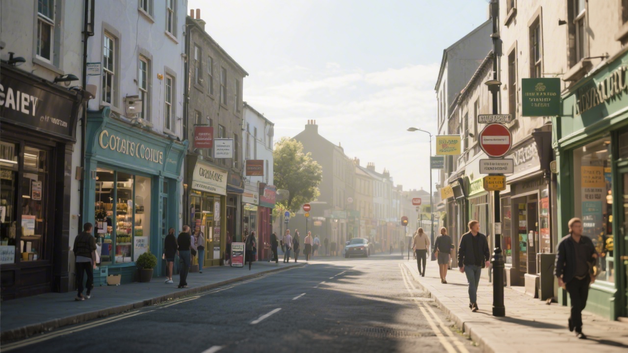 Street view in Cork with local shops, street signs, and pedestrians under soft daylight, showing a realistic neighbourhood business environment.