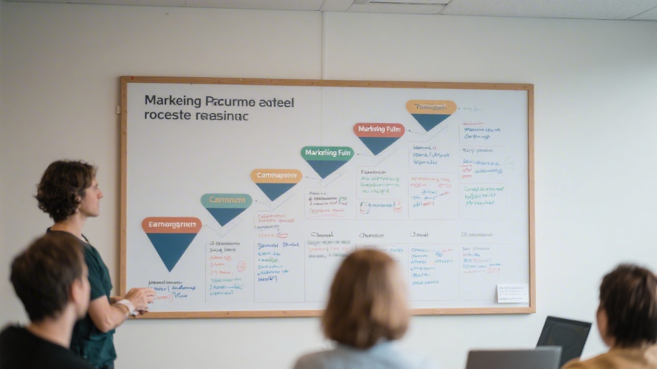 Wall-mounted board showing marketing funnel stages, campaign names, and channel performance notes in a tidy layout, used during a practical training session.