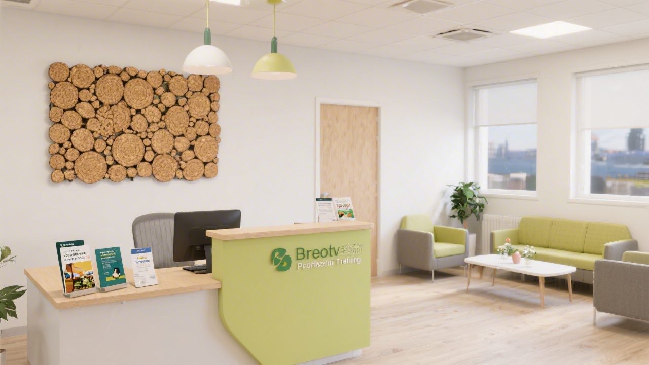 Bright office reception area with Cork-themed artwork, a desk with brochures, and seating for visitors, conveying a welcoming professional training space.