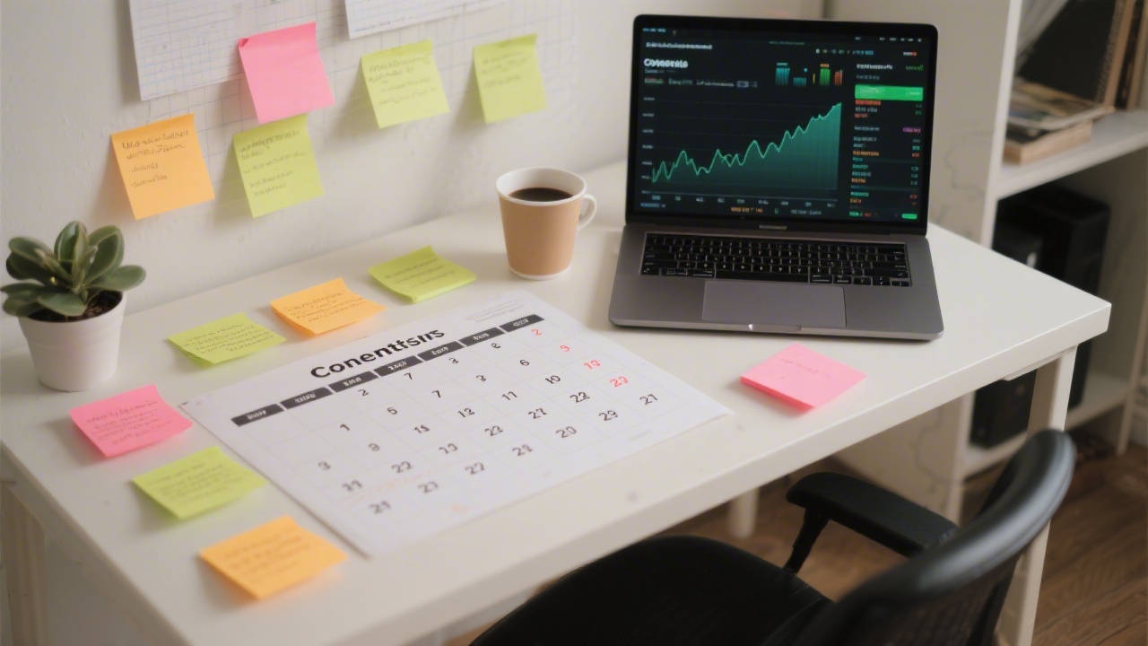 Desk with a printed monthly content calendar, sticky notes, a laptop displaying analytics, and a coffee cup, representing organised content planning work.