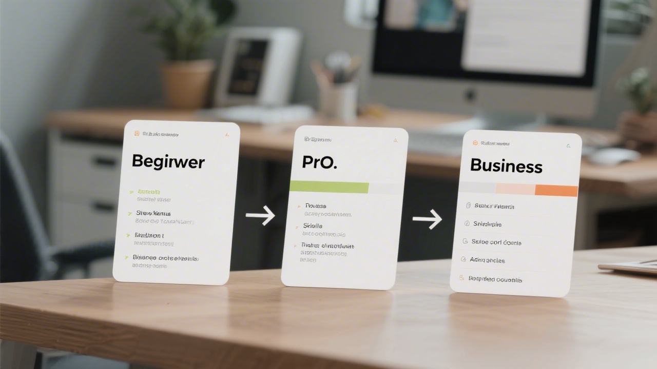 Three pathway cards on a desk titled Beginner, Pro, and Business, with notes on skills covered and a simple progression arrow linking each stage.