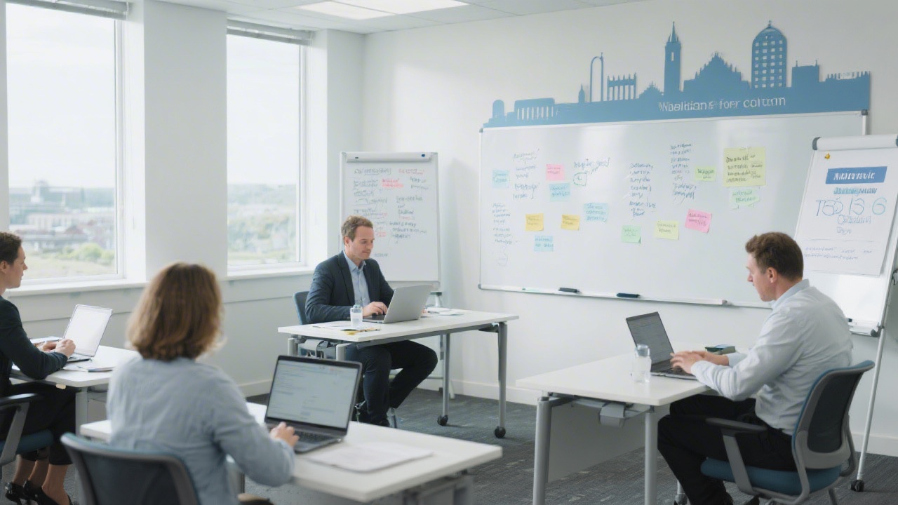 Bright modern training room with Cork city skyline accents, business owners working on laptops, whiteboards with campaign notes, and a calm, professional education atmosphere.