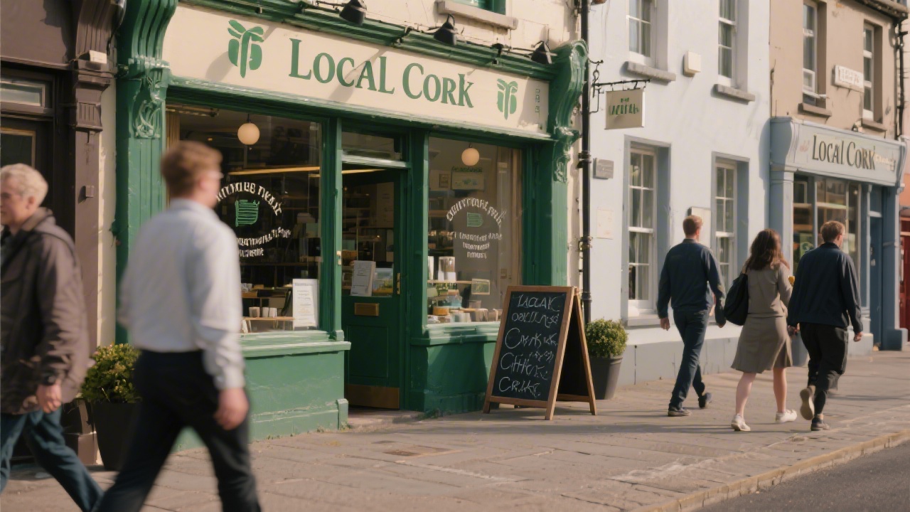 Local Cork storefront with subtle Irish branding, a chalkboard sign near the entrance, and pedestrians walking by, suggesting real small business context.