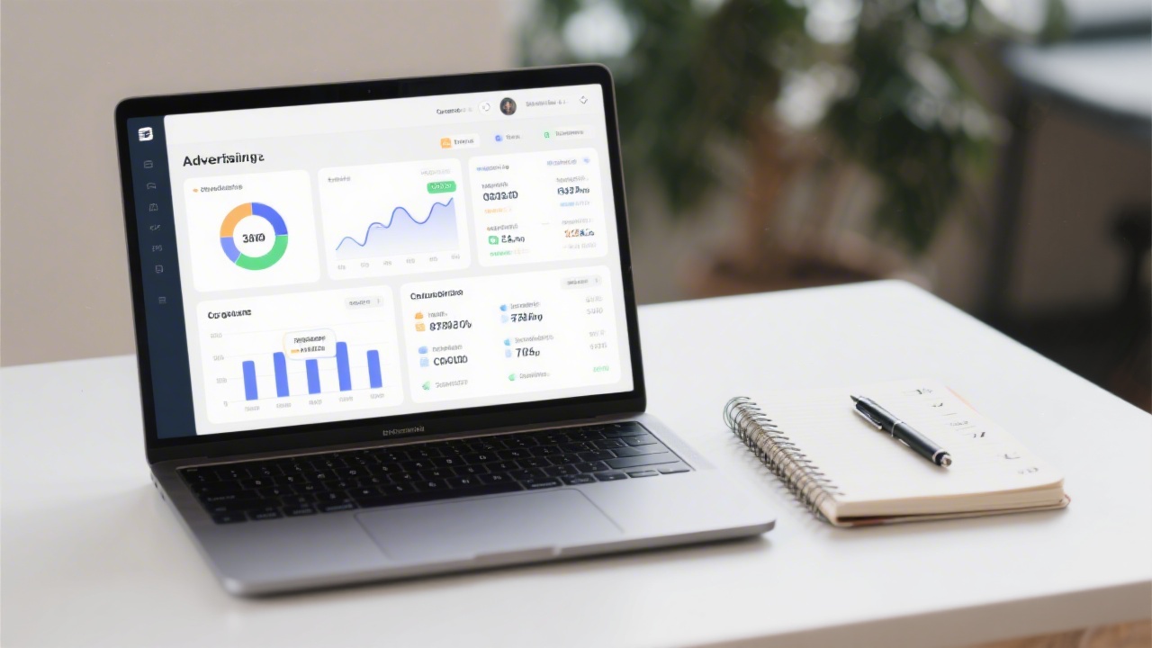 Laptop screen showing a clean advertising dashboard with key metrics and budget controls, alongside a notebook with action steps and a pen.