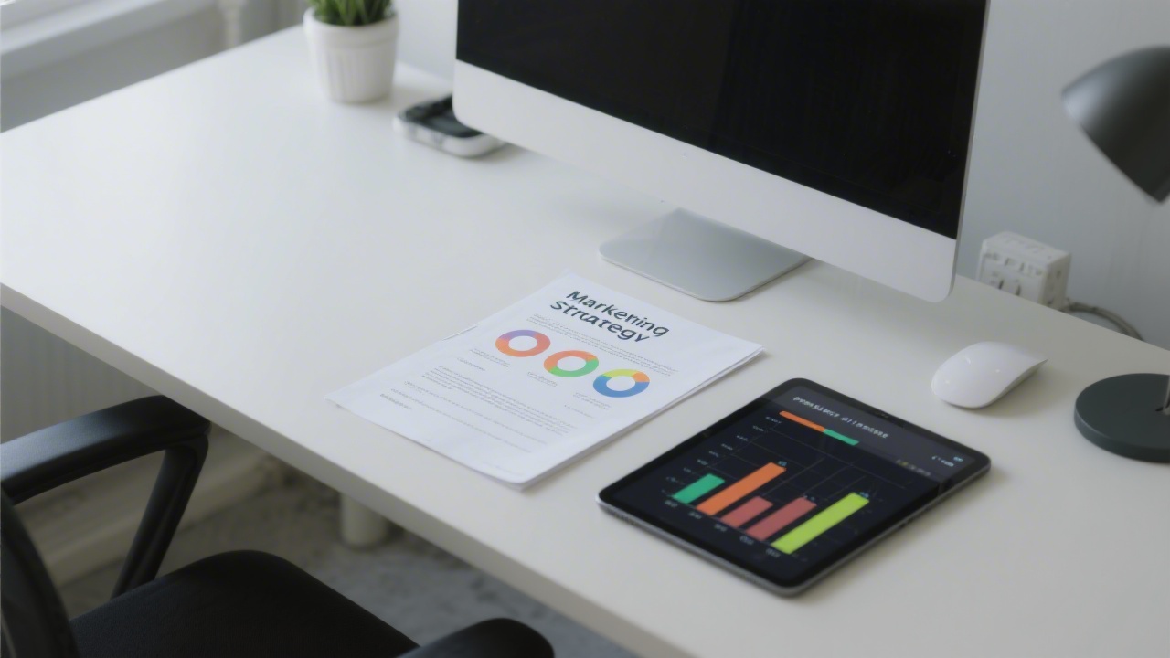 Professional workspace with a marketing strategy document, highlighted goals, and a tablet displaying simple performance charts, representing structured planning.