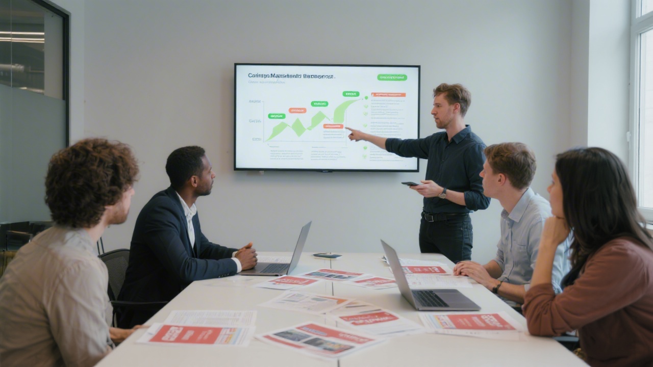 Small workshop group seated around a table with printed campaign briefs, laptops, and a facilitator pointing to a clear growth plan on a wall screen.